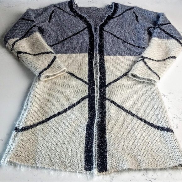 Booba Cream Grey Black Open Front Long Cotton Cardigan - Picture 3 of 5